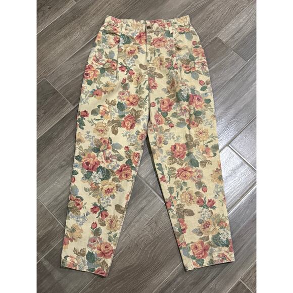 Vintage 80s 90s Floral Pleated Cotton Woman's Pants Size 14 - Picture 1 of 6